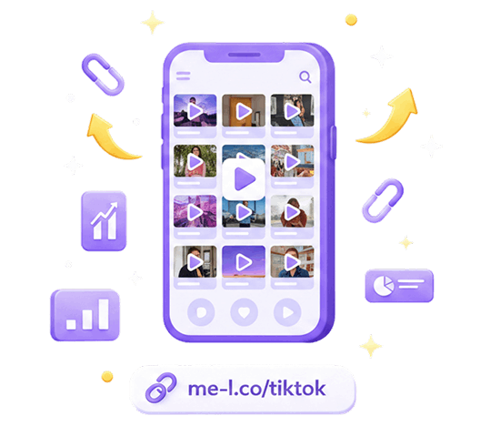 TikTok profile link to me-l.co leading to a product or campaign page with mobile click analytics